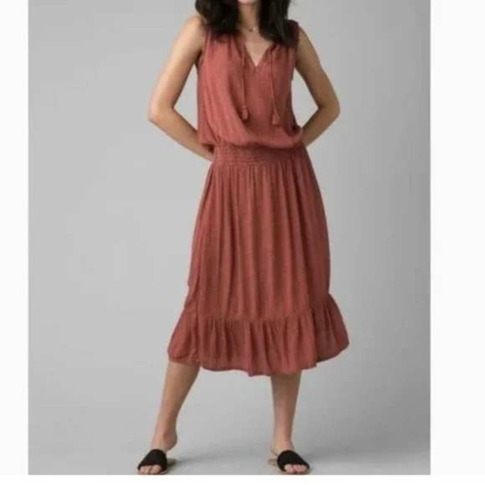 NEW‎ Prana Sentinel Midi / Maxi Dress Womens Medium Terracotta V-Neck Tassels